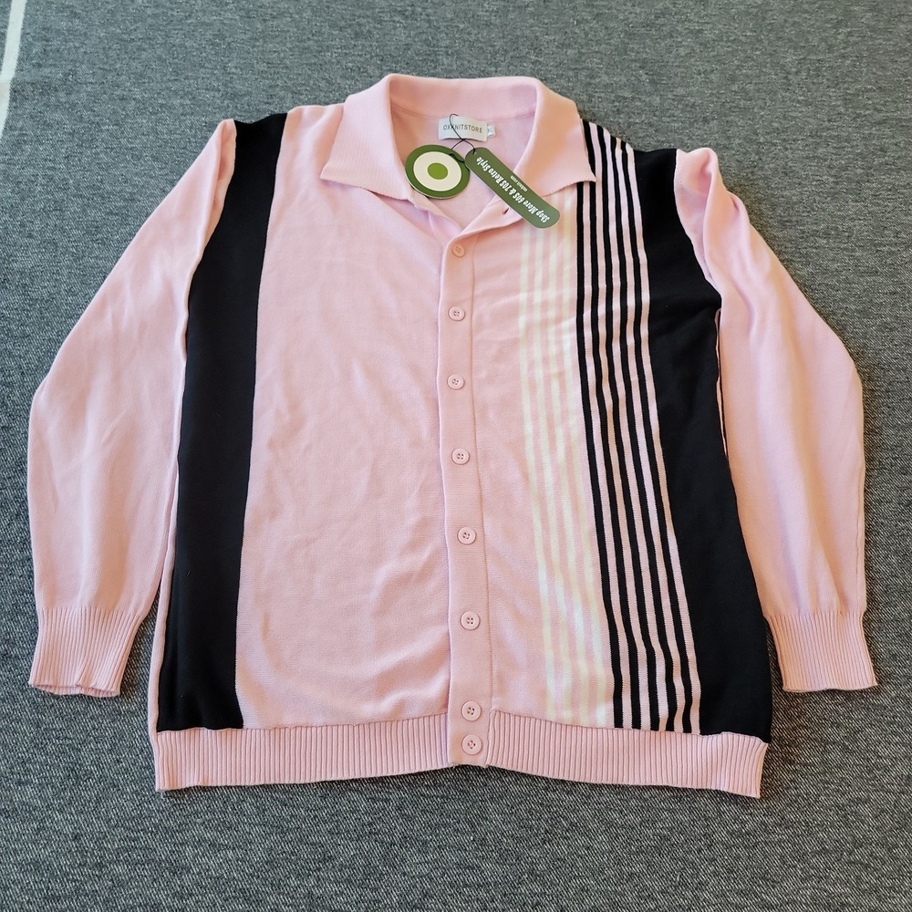 NWT OXKNITSTORE Cardigan Sweater Men's XL Pink Black Knit Long Sleeve Striped